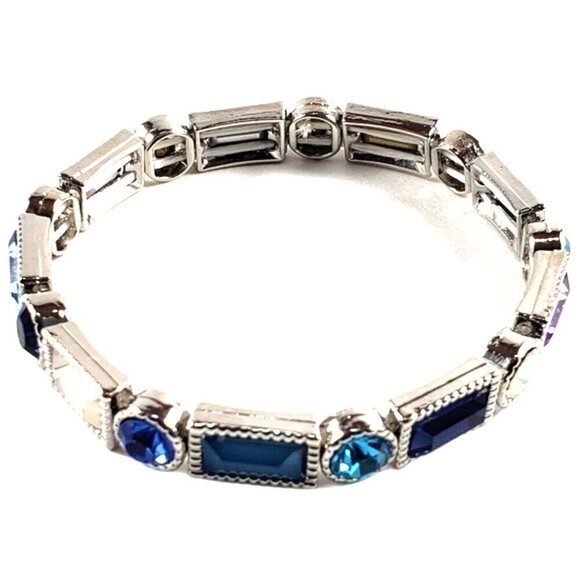 Colorful Crystal Geometric Stretch Bracelet Silver Dainty Rounds & Rectangles - Picture 3 of 10